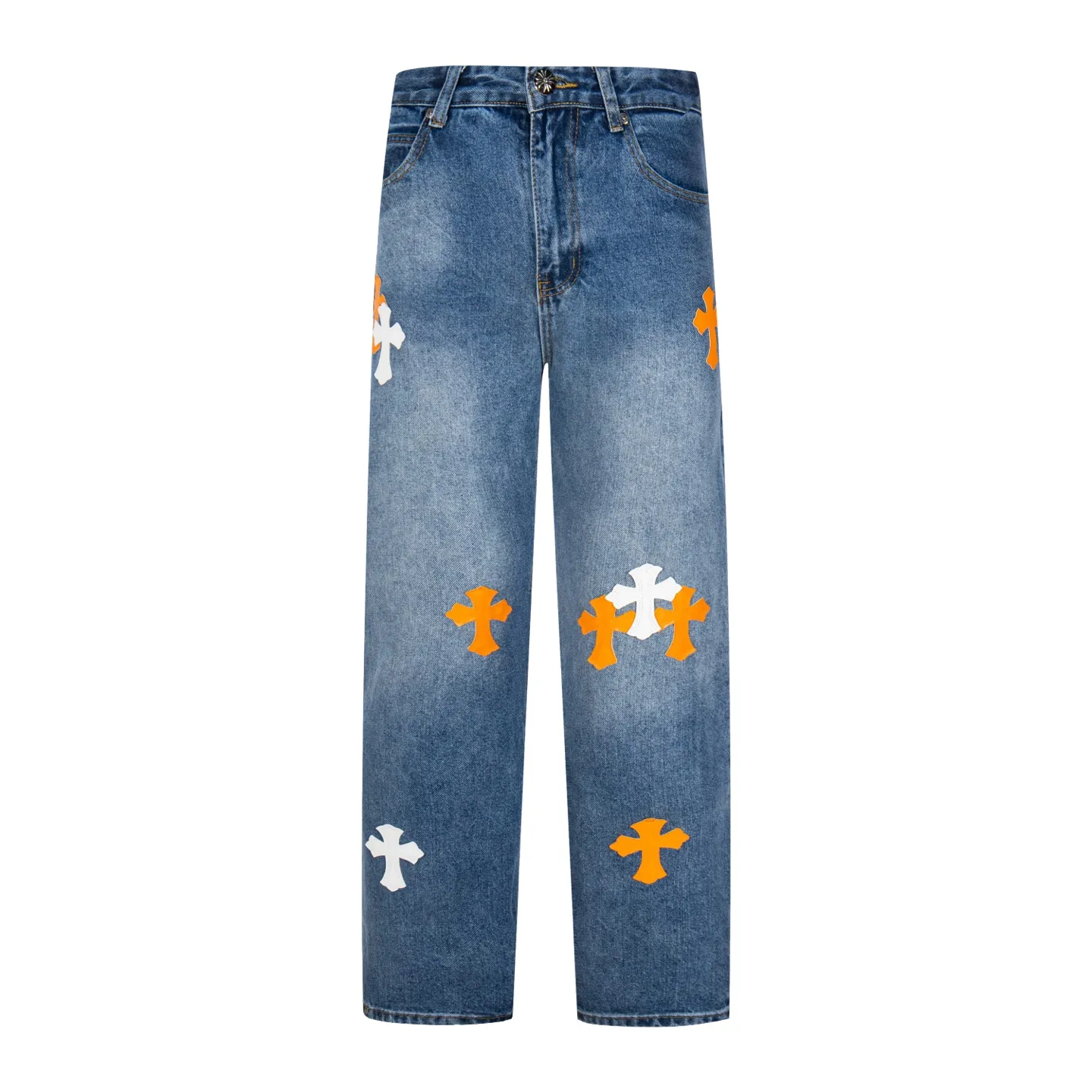 P260 Chrome Hearts light blue pants, Sanskrit yellow and white patchwork leather jeans. CH jeans need to be washed before being dismantled and then hand-stitched with sheepskin cross leather and then spliced ​​together. The whole piece has too many craftsmanship to explain. The patchwork is decorated with cross flowers, and the high-waisted washed jeans! ! Absolutely high-end luxury products, god-level single products and super popular products, made with top heavy industry, a must-see magic weapon. Customized hardware. The fabric is thick and soft after washing. It has good breathability. Customized small leather label. Unique design. The details are simple and elegant, and the workmanship is exquisite. The entire trousers are neatly routed and the details are in place! It’s so cool that both men and women can easily control the genderless trend! Style number: 1804# Color: blue Size: 28 30 32 34